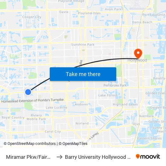 Miramar Pkw/Fairmont R to Barry University Hollywood Campus map