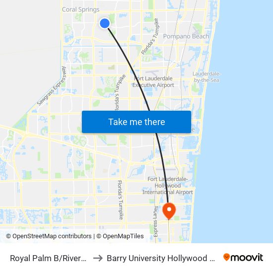 ROYAL PALM B/RIVERSIDE D to Barry University Hollywood Campus map