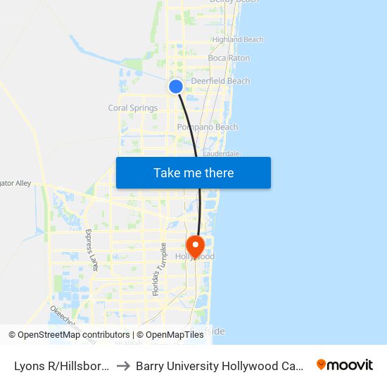 Lyons R/Hillsboro B to Barry University Hollywood Campus map