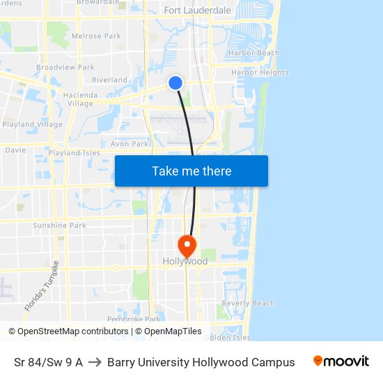 Sr 84/Sw 9 A to Barry University Hollywood Campus map