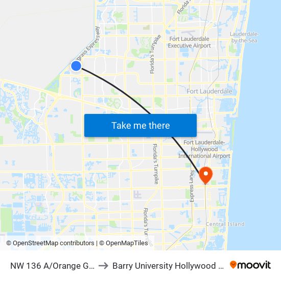 NW 136 A/Orange Grove R to Barry University Hollywood Campus map