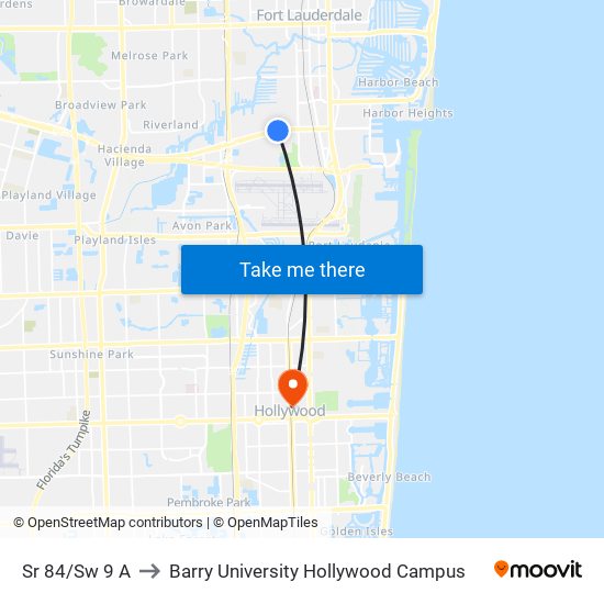Sr 84/Sw 9 A to Barry University Hollywood Campus map