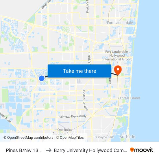 Pines B/Nw 136 A to Barry University Hollywood Campus map