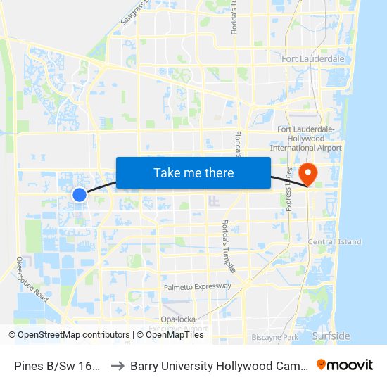 PINES B/SW 168 A to Barry University Hollywood Campus map