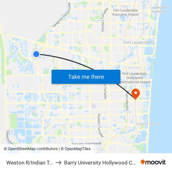Weston R/Indian Trace to Barry University Hollywood Campus map