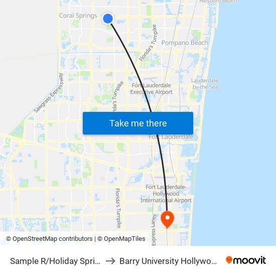 Sample R/Holiday Springs B (W) to Barry University Hollywood Campus map