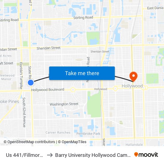 Us 441/Fillmore S to Barry University Hollywood Campus map