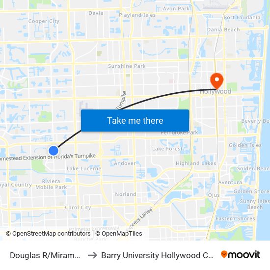 Douglas R/Miramar Hs to Barry University Hollywood Campus map