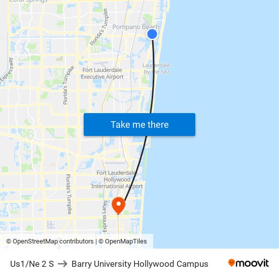 Us1/Ne 2 S to Barry University Hollywood Campus map