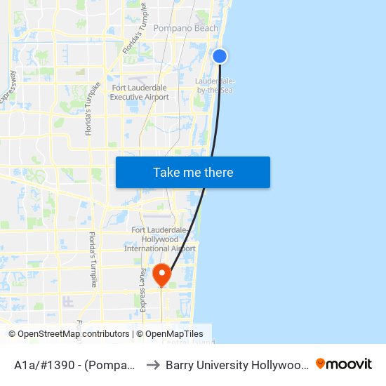 A1a/#1390 - (Pompano Beach) to Barry University Hollywood Campus map