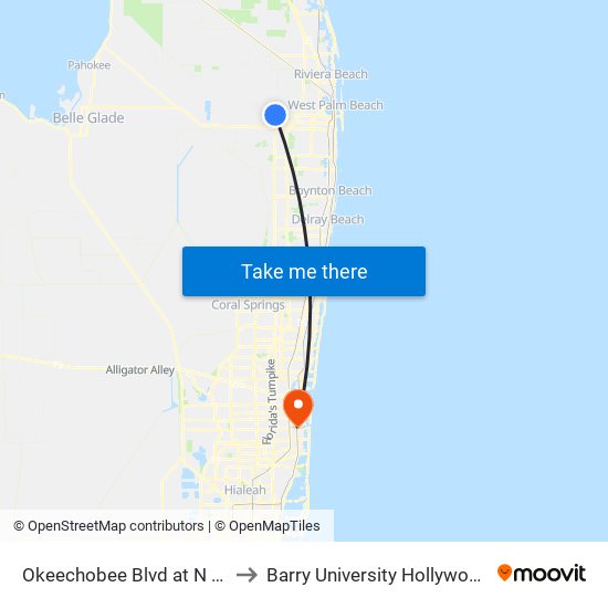 Okeechobee Blvd at N State Rd 7 to Barry University Hollywood Campus map