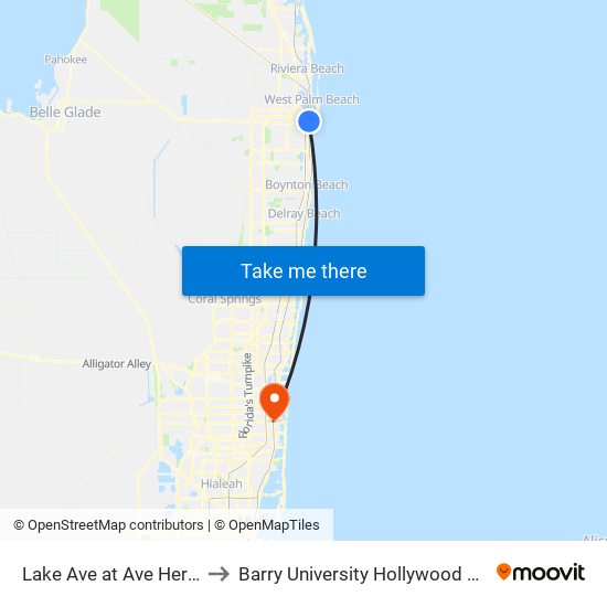 Lake Ave at Ave Hermosa to Barry University Hollywood Campus map