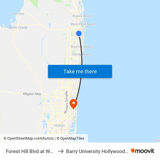 FOREST HILL BLVD at WALDEN LN to Barry University Hollywood Campus map