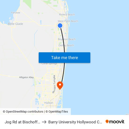 Jog Rd at Bischoffe Rd to Barry University Hollywood Campus map