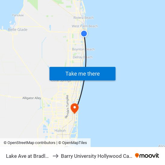 Lake Ave at Bradley St to Barry University Hollywood Campus map