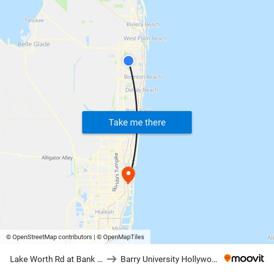 Lake Worth Rd at Bank Institution to Barry University Hollywood Campus map