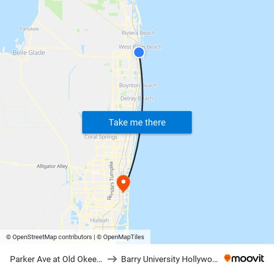 Parker Ave at Old Okeechobee Rd to Barry University Hollywood Campus map