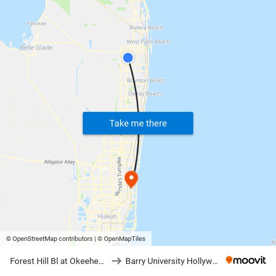Forest Hill Bl at Okeeheelee Pk Rd W to Barry University Hollywood Campus map