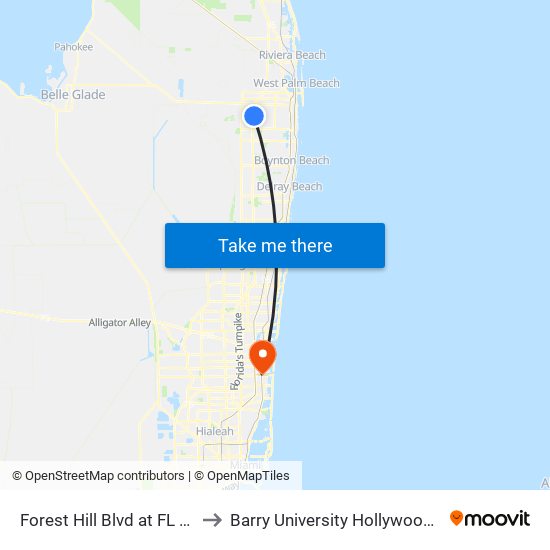 Forest Hill Blvd at FL Turnpike to Barry University Hollywood Campus map