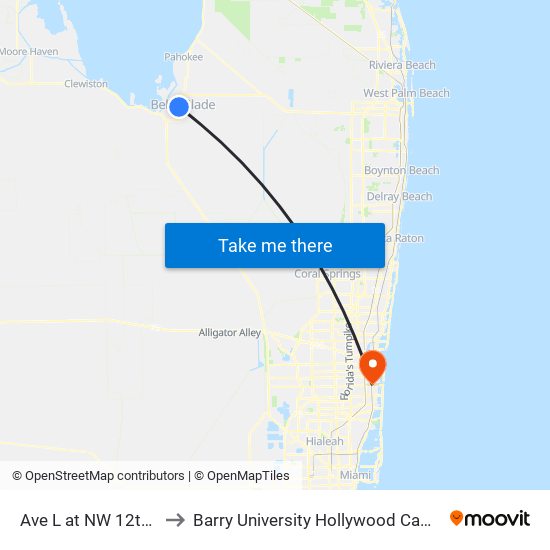 Ave L at NW 12th St to Barry University Hollywood Campus map