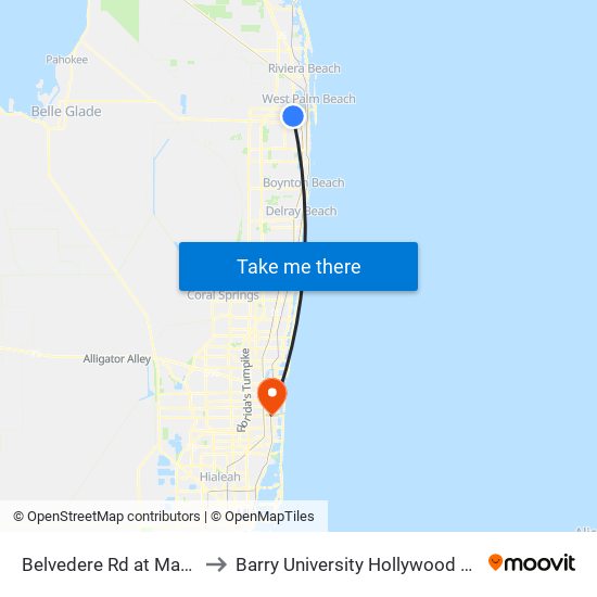 Belvedere Rd at Marine Dr to Barry University Hollywood Campus map