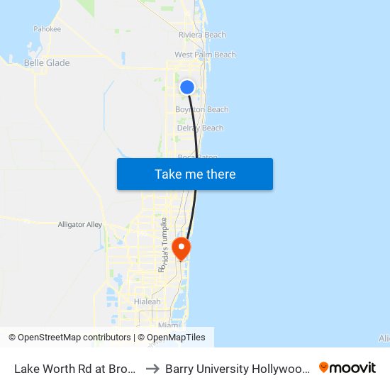 Lake Worth Rd at Broward Ave to Barry University Hollywood Campus map