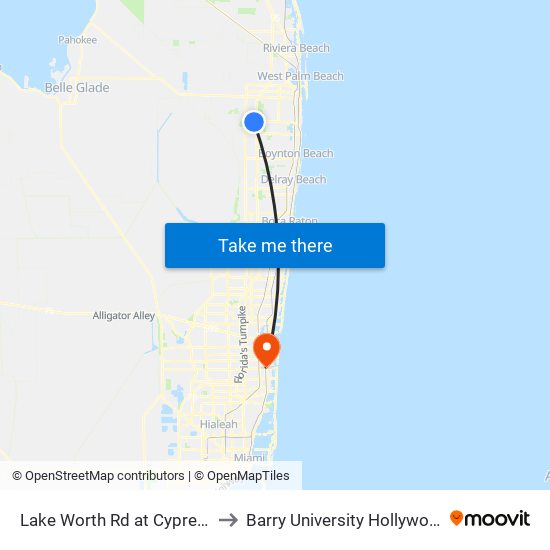 Lake Worth Rd at Cypress Isle Way to Barry University Hollywood Campus map