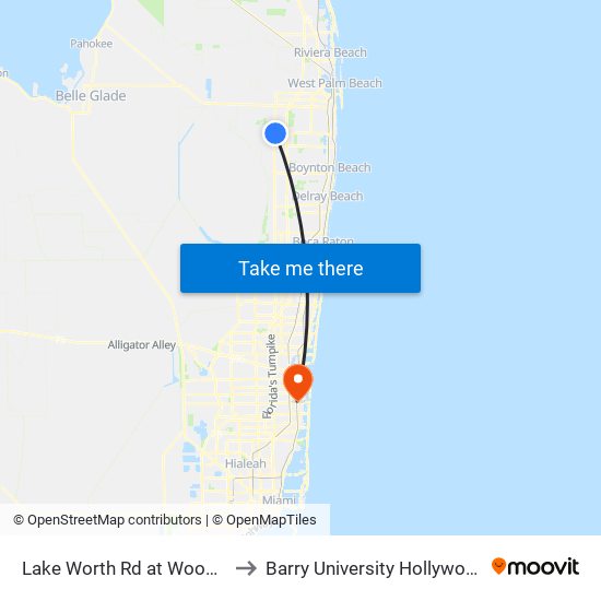 Lake Worth Rd at Woods Walk Plz to Barry University Hollywood Campus map