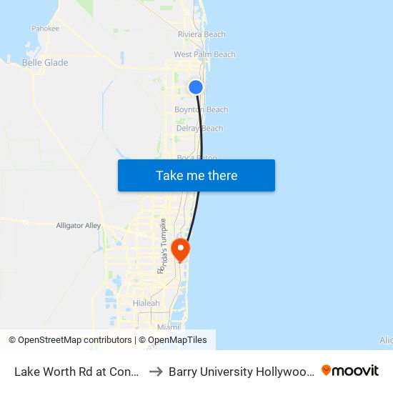 Lake Worth Rd at Congress Ave to Barry University Hollywood Campus map