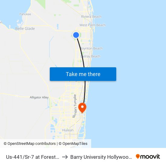 Us-441/Sr-7 at Forest Hill Blvd to Barry University Hollywood Campus map