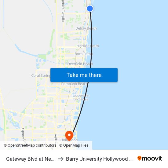 Gateway Blvd at Ne4th St to Barry University Hollywood Campus map