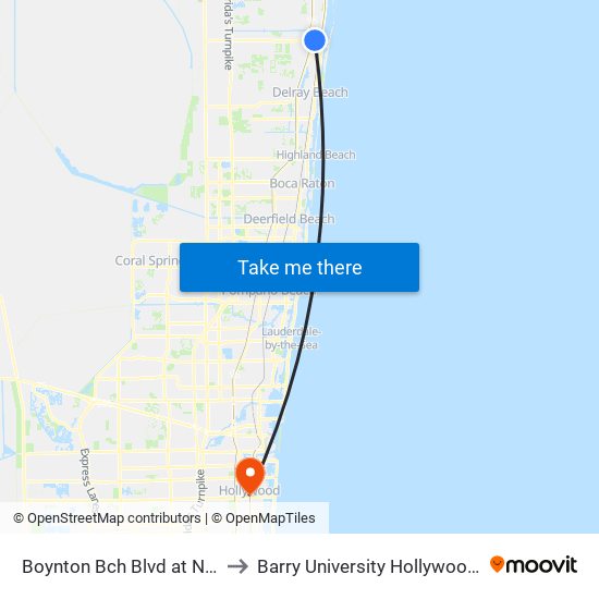 Boynton Bch Blvd at NW 2nd St to Barry University Hollywood Campus map