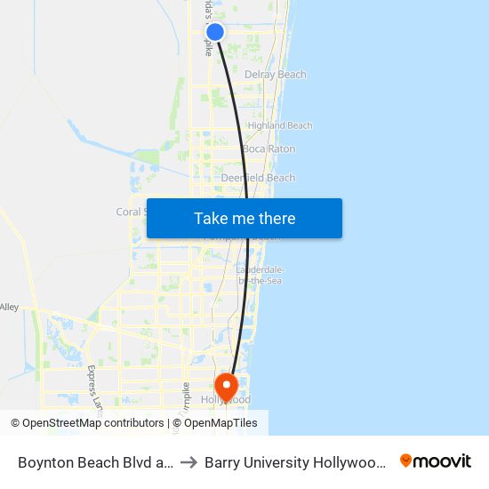 Boynton Beach Blvd at Target to Barry University Hollywood Campus map