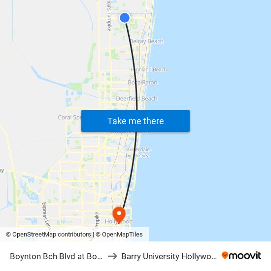 Boynton Bch Blvd at Boynton Pl Cir to Barry University Hollywood Campus map