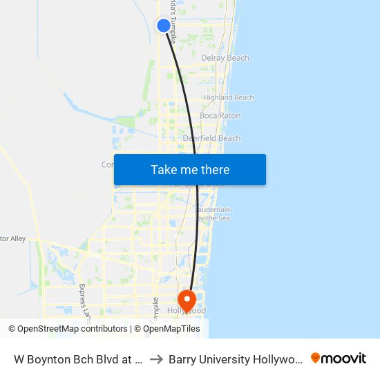 W Boynton Bch Blvd at 102nd Pl S to Barry University Hollywood Campus map