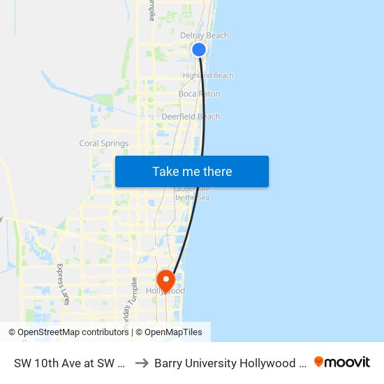 SW 10th Ave at SW 11th St to Barry University Hollywood Campus map