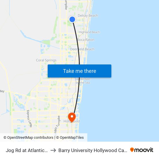 Jog Rd at Atlantic Ave to Barry University Hollywood Campus map