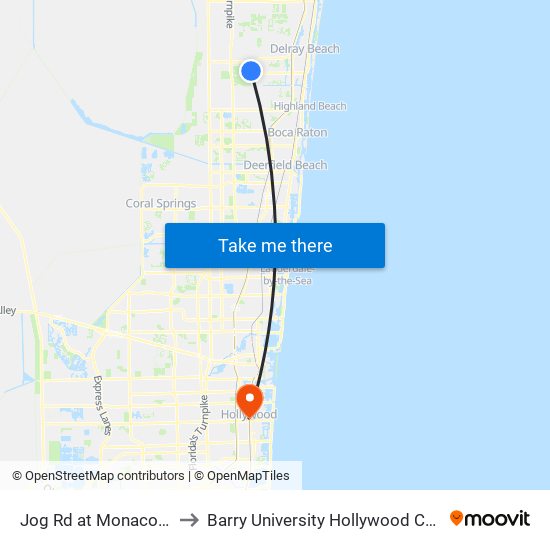 Jog Rd at Monaco Blvd to Barry University Hollywood Campus map