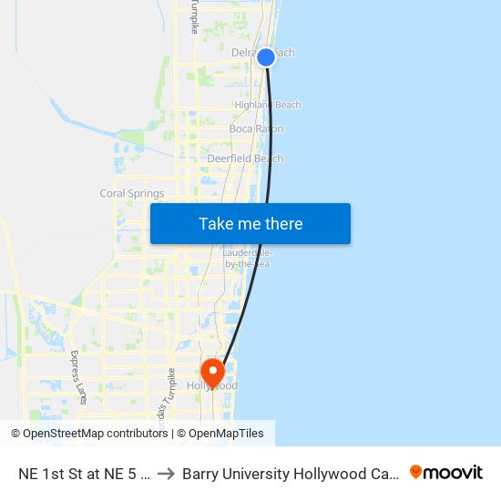 NE 1st St at NE 5 Ave to Barry University Hollywood Campus map