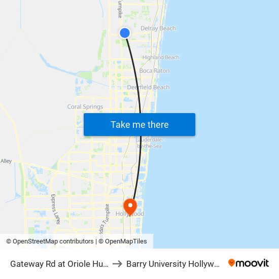 Gateway Rd at Oriole Huntingtion La to Barry University Hollywood Campus map