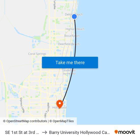 SE 1st St at 3rd Ave to Barry University Hollywood Campus map