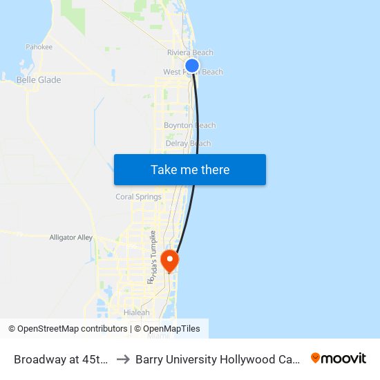 Broadway at 45th St to Barry University Hollywood Campus map