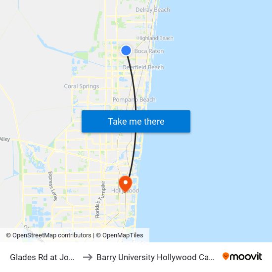 GLADES RD at JOG RD to Barry University Hollywood Campus map