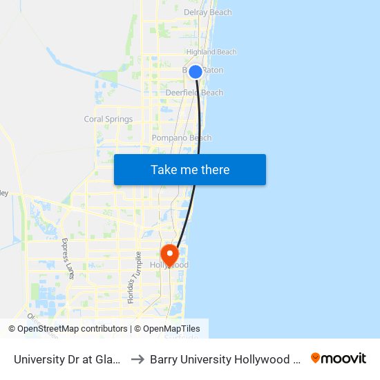 University Dr at Glades Rd to Barry University Hollywood Campus map