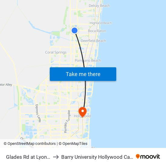 Glades Rd at Lyons Rd to Barry University Hollywood Campus map
