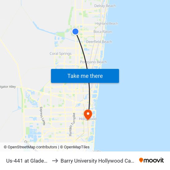 Us-441 at Glades Rd to Barry University Hollywood Campus map