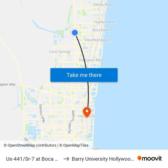 Us-441/Sr-7 at Boca Woods Ln to Barry University Hollywood Campus map