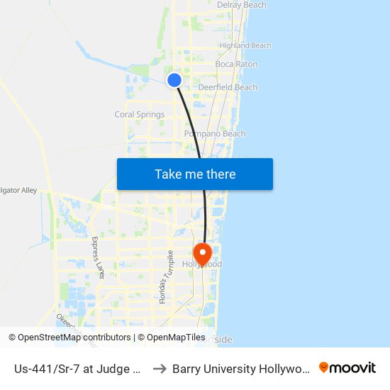 Us-441/Sr-7 at Judge Winikoff Rd to Barry University Hollywood Campus map