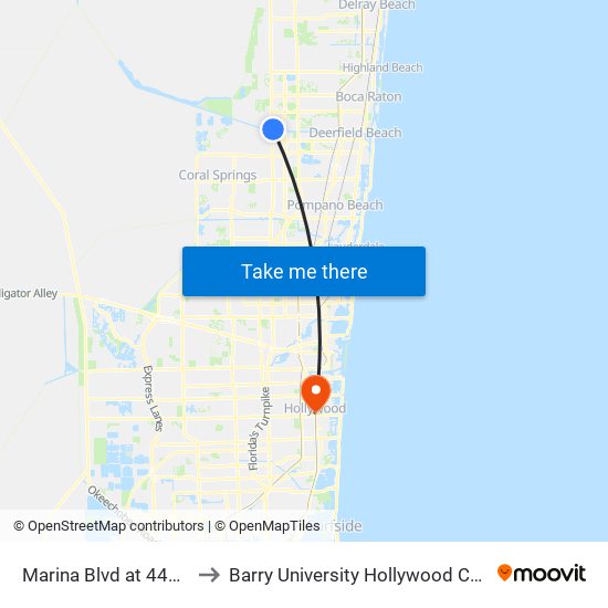 Marina Blvd at 441/Sr7 to Barry University Hollywood Campus map