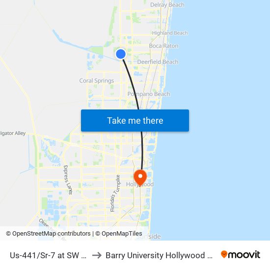 Us-441/Sr-7 at SW 3rd St to Barry University Hollywood Campus map